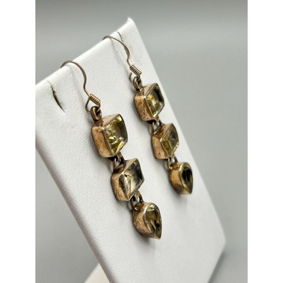 Citrine Glass Sterling Silver Dangles Earrings Dangles Geometric Drops Design - Picture 5 of 8